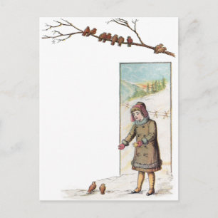 Victorian Girl Matar fåglar i Snö Vykort