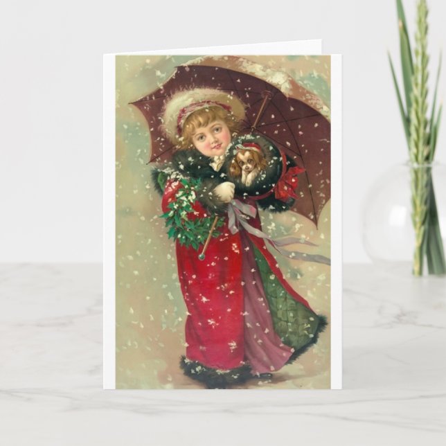 Victorian Girl med Puppy-julanteckningskort Helgkort (Framsida)