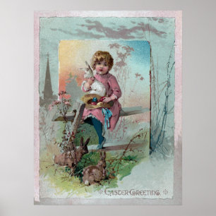 Victorian Girl på staket med Påsk-kaniner Poster