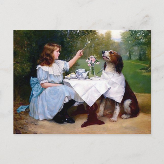 Victorian Girl Pet Hund Bord Manners Painting Vykort (Framsida)