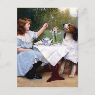 Victorian Girl Pet Hund Bord Manners Painting Vykort