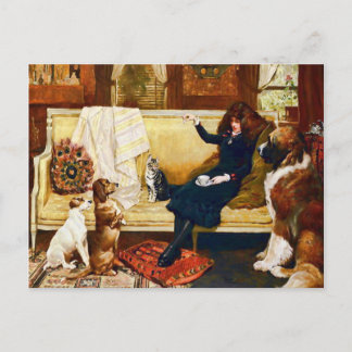 Victorian Girl with Pets Vintage Art Vykort