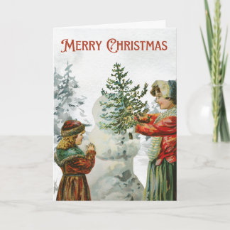 Victorian Girls Building a Snowman Kort