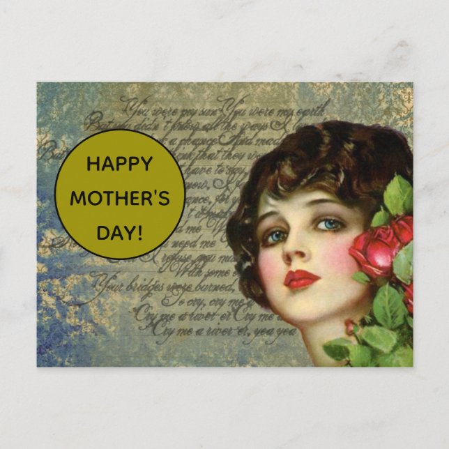 Victorian Glamor Girl med Röd ros Vykort (Framsida)