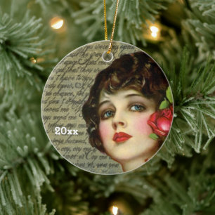 Victorian Glamor Girl w/ Röd ros Julgransprydnad Keramik