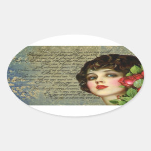 Victorian Glamor Girl w/ Röd ros Oval Sticker Ovalt Klistermärke
