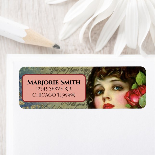Victorian Glamor Girl w/ Röd ros Returadress Returadress Etikett (Insitu)
