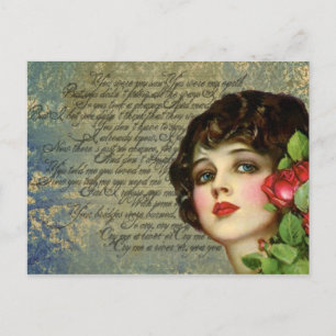 Victorian Glamor Girl w/ Röd ros vykort