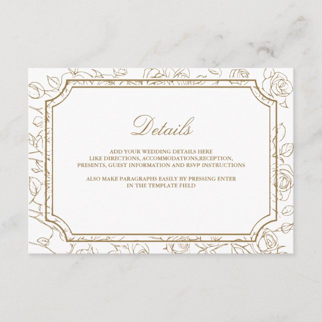 Victorian Gold Floral Line Art Wedding Details Tilläggskort (Framsida)
