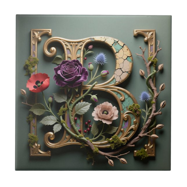 Victorian Gold Teal Letter B Monogram Kakelplatta (Framsidan)