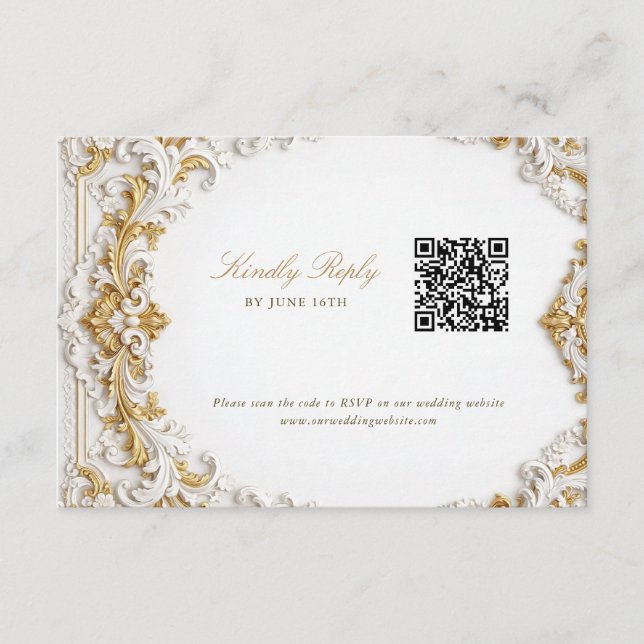 Victorian Gold & White Baroque RSVP with QR Code Tilläggskort (Framsida)
