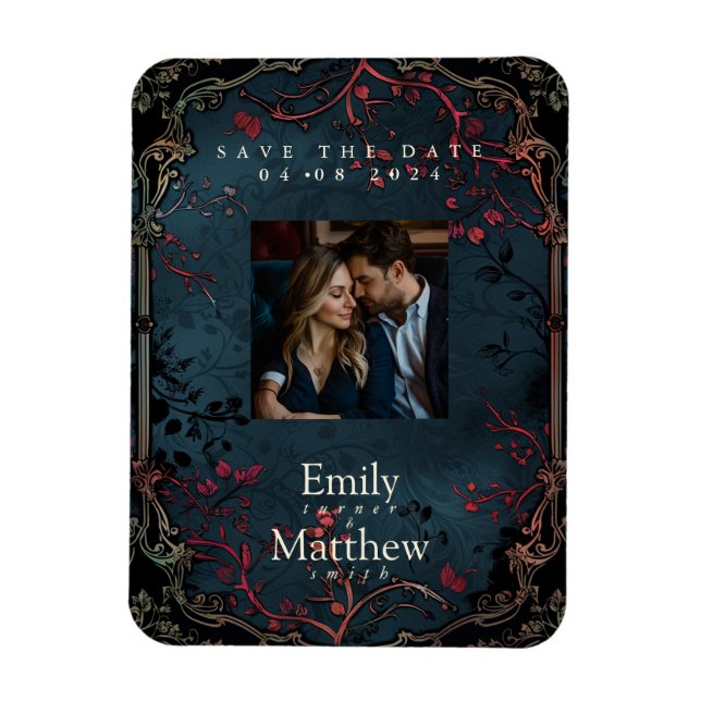 Victorian Gothic Elegance Bröllop spara datum Magnet (Vertikal)