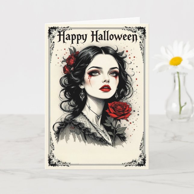 Victorian Gothic Halloween Dam med Röd ros Kort (Liten växt)