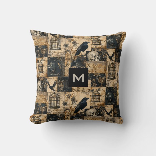 Victorian Gothic Halloween Monogrammed Patchwork Kudde (Framsida)