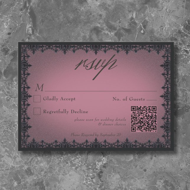 Victorian Gothic Järn Gräns Burgundy Bröllop QR OSA Kort (Victorian Gothic Iron Border Burgundy Wedding RSVP Card)
