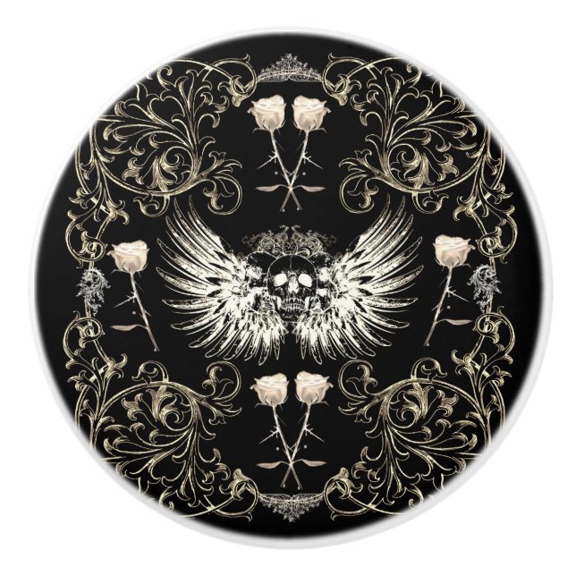 Victorian Gothic Romantik Skull Vingar & Vit ros Knopp (Framsidan)