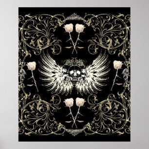 Victorian Gothic Romantik Skull Vingar & Vit ros Poster