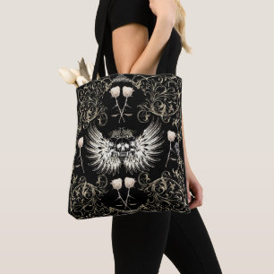 Victorian Gothic Romantik Skull Vingar & Vit ros Tygkasse