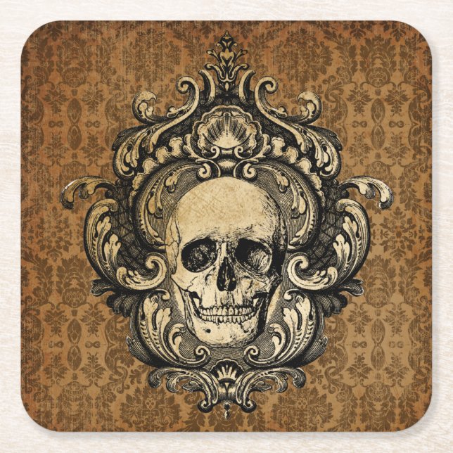 Victorian Gothic Skull Damask Halloween Underlägg Papper Kvadrat (Framsidan)