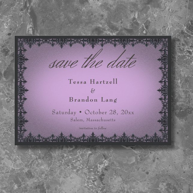 Victorian gotiic Järn Gräns Lila Bröllop Spara Datumet (Victorian Gothic Iron Border Purple Wedding Save The Date)