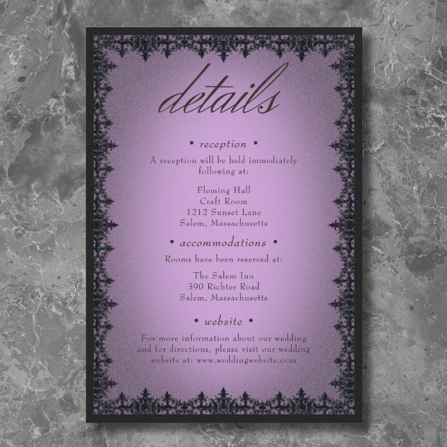 Victorian gotiic Järn Gräns Lila Bröllop Tilläggskort (Victorian Gothic Iron Border Purple Wedding Enclosure Card)