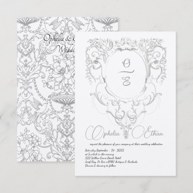 Victorian Grått Monogram vapensköld bröllop Inbjudningar (Fram/baksida)