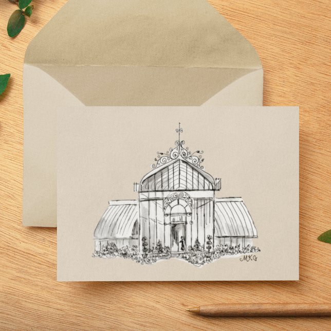 Victorian Greenhouse Botanical Garden Elegant Art Anteckningskort (This ink drawing of a Victorian greenhouse is lovely on a kraft background as well as classic white.)