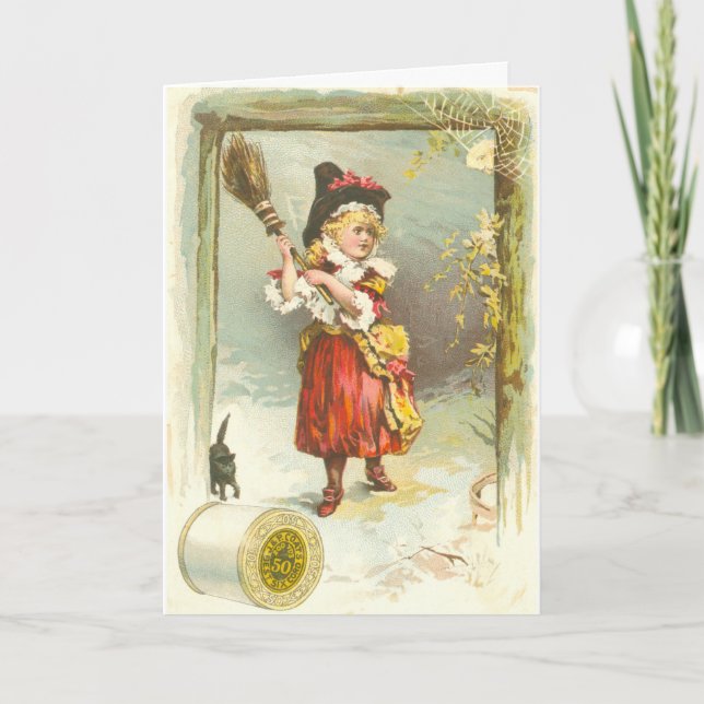Victorian Halloween-kort med flickhäxa och katt Kort (Framsida)