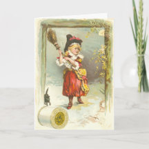 Victorian Halloween-kort med flickhäxa och katt