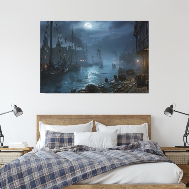 Victorian Harbour vid natten: Fiskesamhälle Canvastryck (Insitu (sovrum))