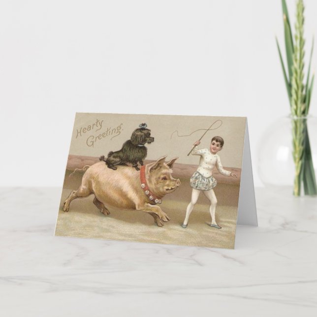 Victorian Hearty Hälsning Gris och Hund Circus Car Kort (Framsida)