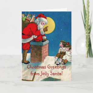 Victorian Jolly Santa w/Children jul Greetin Helgkort