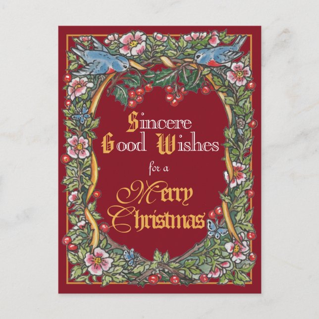 Victorian Jul Elegant Bird Holly Burgundy Helg Vykort (Framsida)