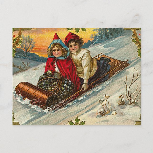 Victorian jul Kids Sledding Helg Vykort (Framsida)