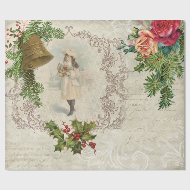 Victorian jul Ro, Gräs & Holly Collage Presentpapper (Platt)