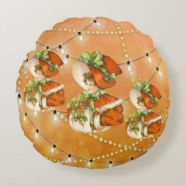 Victorian julLady Orange Background w/Ljus Rund Kudde (Framsidan)