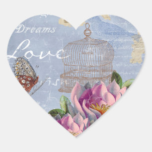Victorian Kärlek Thoughts Dreams Butterfly Bird Ca Hjärtformat Klistermärke