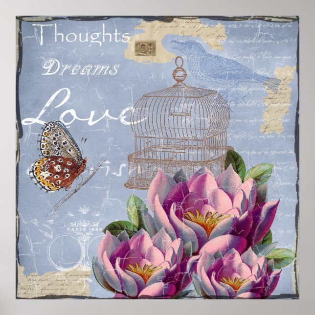Victorian Kärlek Thoughts Dreams Butterfly Bird Ca Poster (Framsidan)