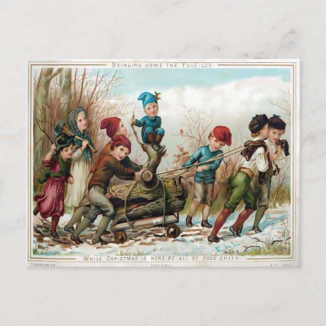 Victorian Kids Bringing Home the Yule Log Vykort (Framsida)