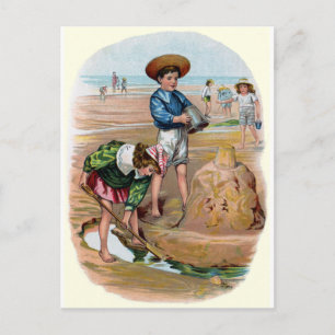 Victorian Kids Bygger ett Sandcastle Vykort