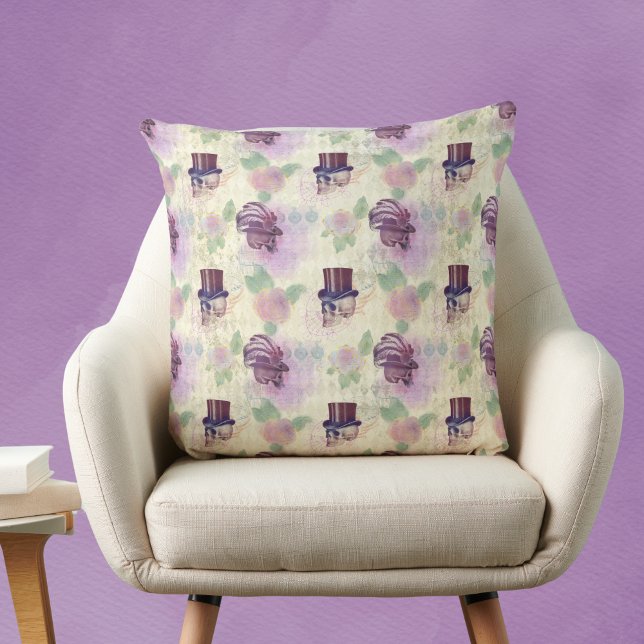 Victorian Lila Steampunk Hats Feathers Döskallar Kudde (Skapare uppladdad)