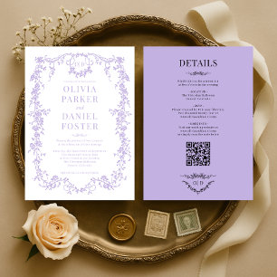 Victorian Lilac Lila All i One Bröllop Monogram Inbjudningar