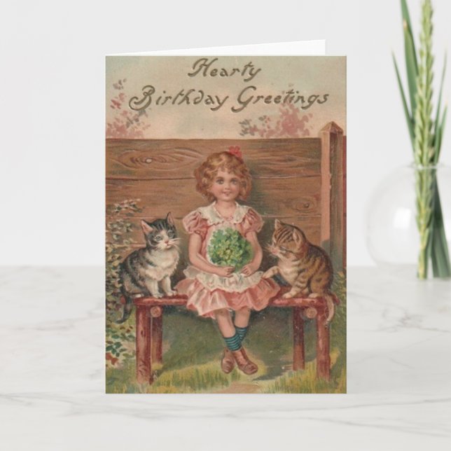 Victorian Little Girl och Kittens Birthday Card Kort (Framsida)