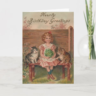 Victorian Little Girl och Kittens Birthday Card Kort