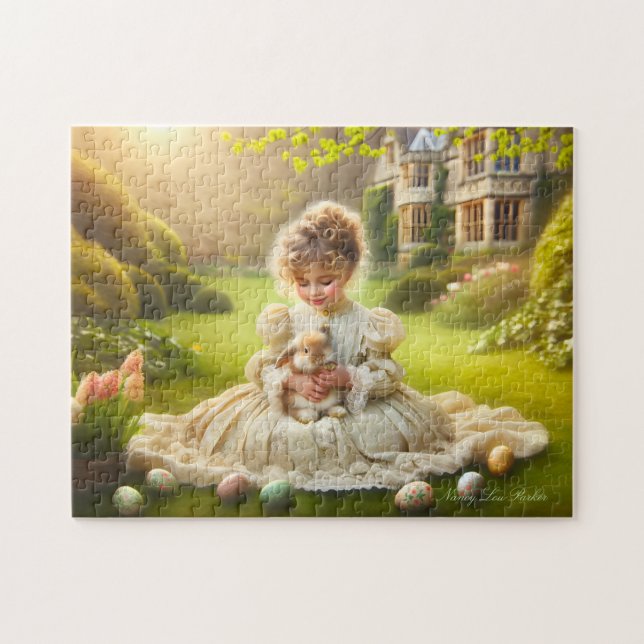 Victorian Little Girl with Bunny & Eggs Easter  Pussel (Horisontell)