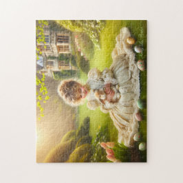 Victorian Little Girl with Bunny & Eggs Easter  Pussel