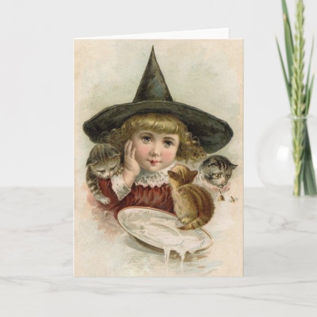 Victorian Little Witch och Kittens Halloween Card Kort (Framsida)