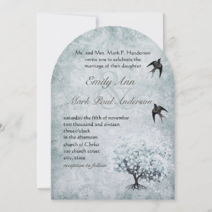 Victorian Love Bird Blue Damask Heart Löv Träd Inbjudningar