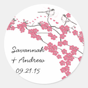 Victorian Love Bird Cherry Blommar Bröllop Sticker Runt Klistermärke