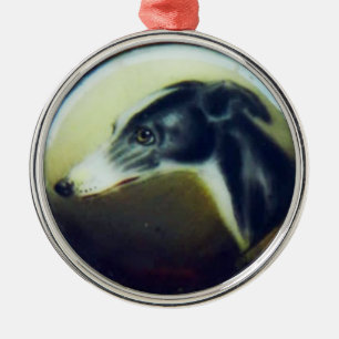 VICTORIAN MINIATURE HUND PORTRÄTT Irish Greyhound Julgransprydnad Metall